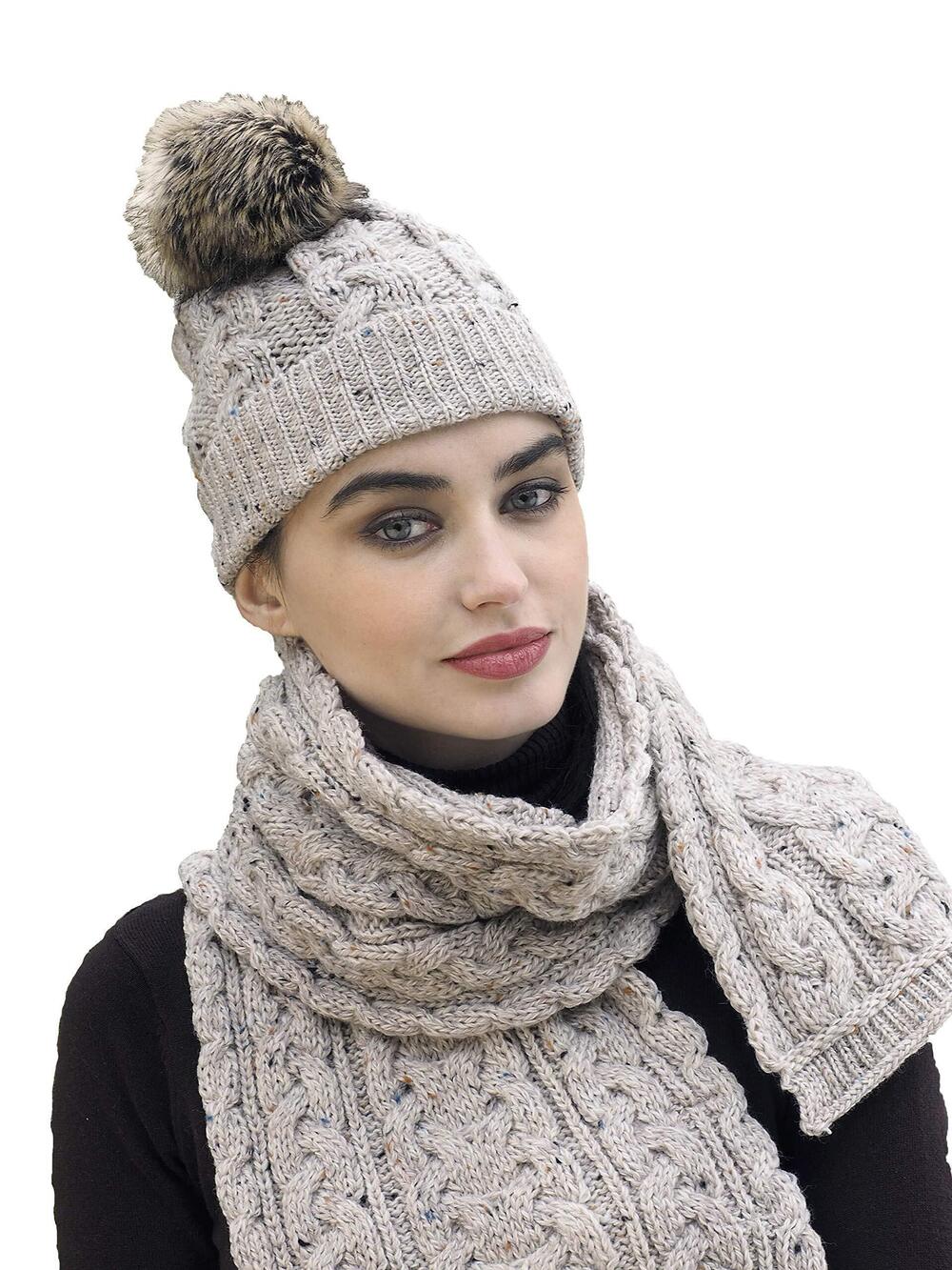 2205 Irish Cable Knitted Wool Soft Pom Faux Fur Hat X4844-OAT Oatmeal